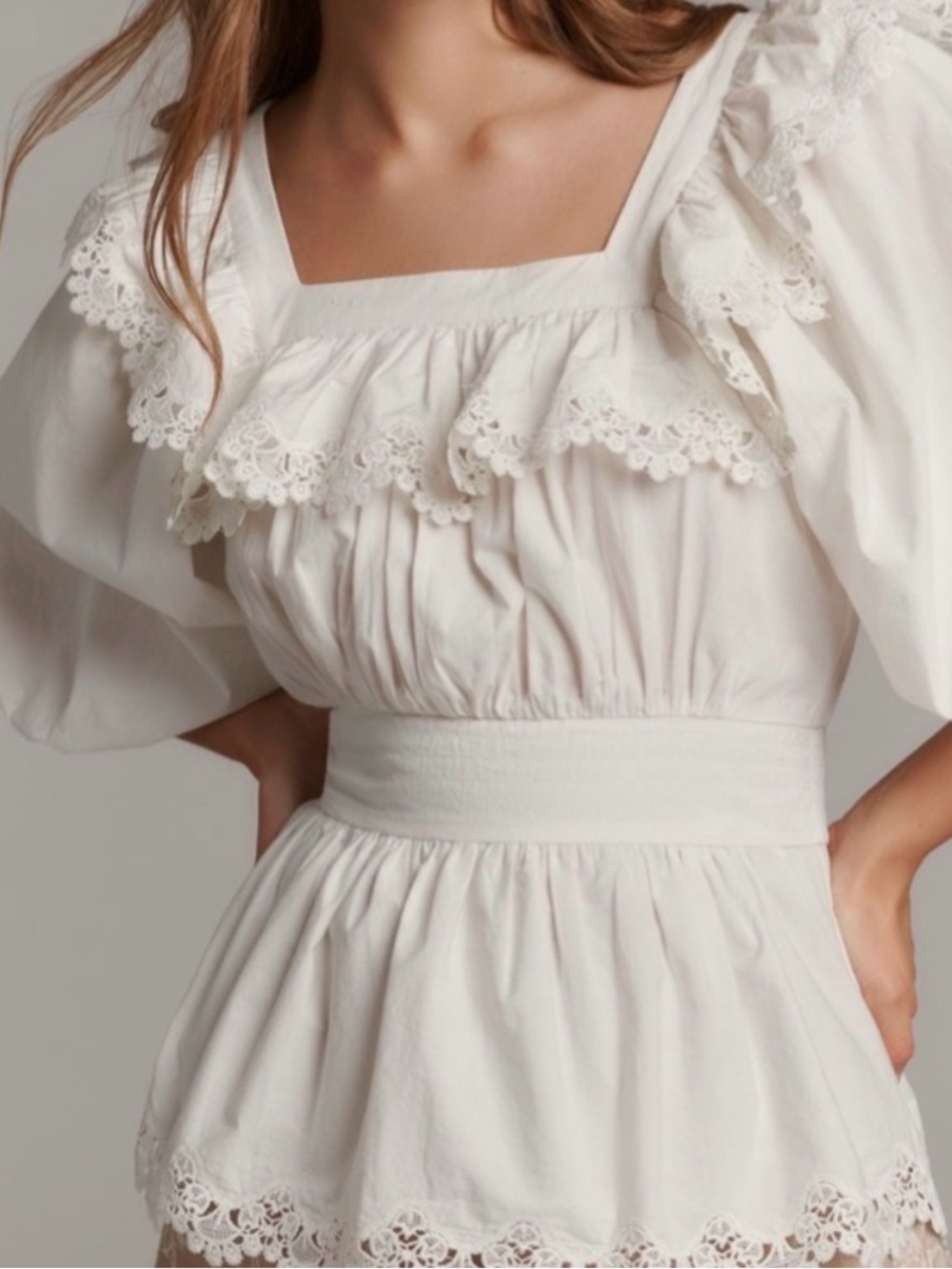Maeve White Ruffled Peplum Eyelet Top - medium
